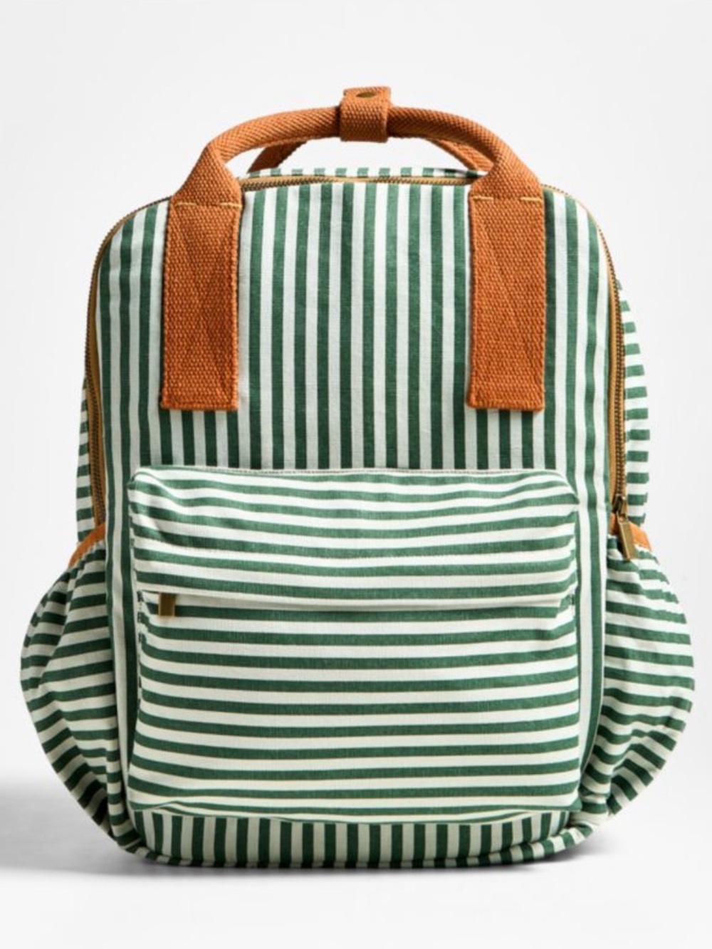 Crate&Barrel Green and White Striped Kids Backpack with Tan Handles